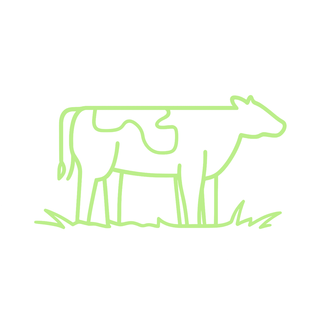 Grünes Umrisssymbol einer Kuh – steht für tierische Herkunft, insbesondere Rindfleisch oder Milch.