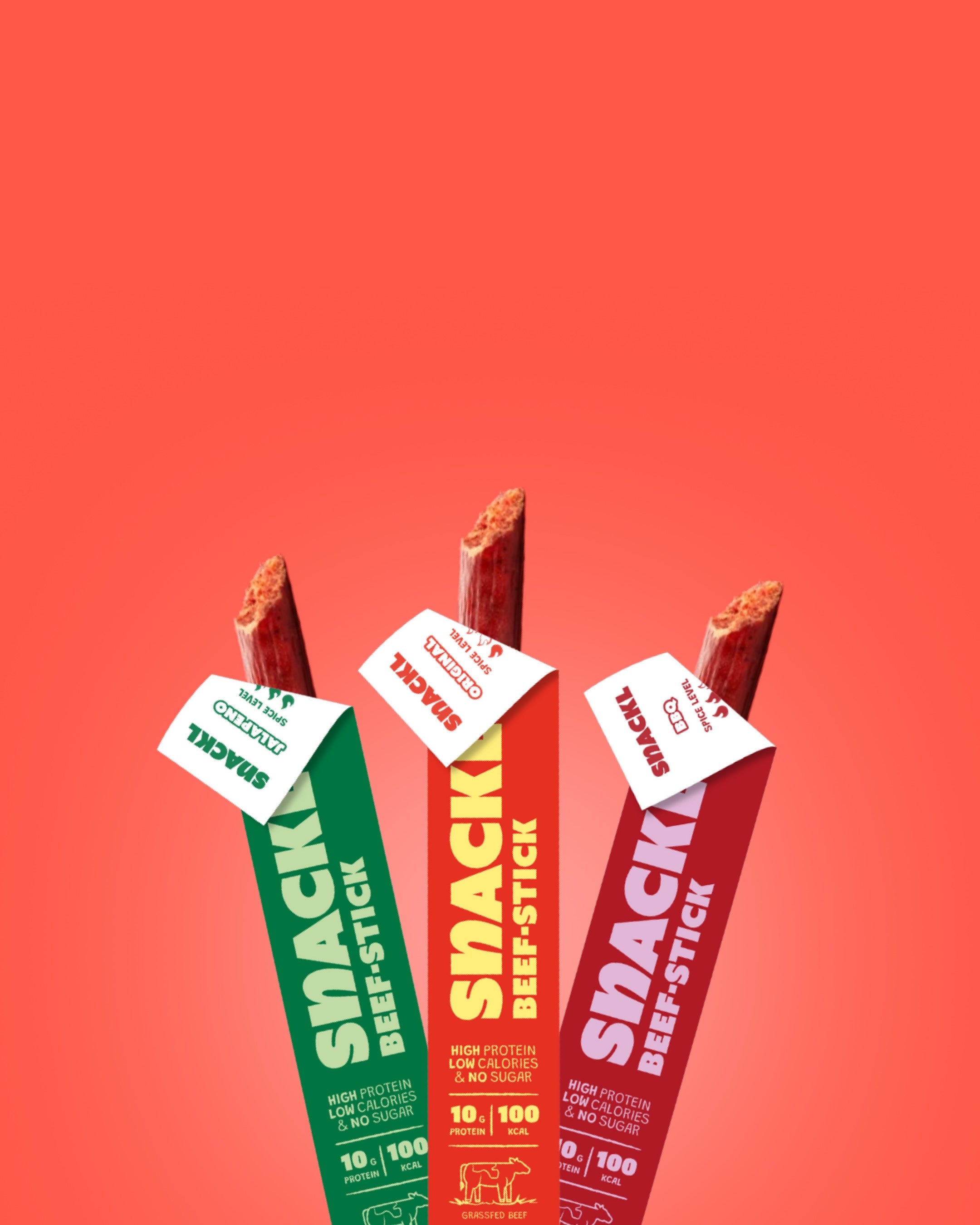 Banner mit drei Snackl Beef Sticks in den Sorten Jalapeno (grün), Original (orange) und BBQ (rot) auf rotem Hintergrund – Fokus auf Verpackung und Branding.